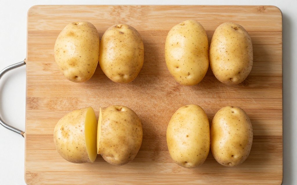 Raw russet potatoes split into per-guest piles for Thanksgiving mashed potatoes, about half a pound each