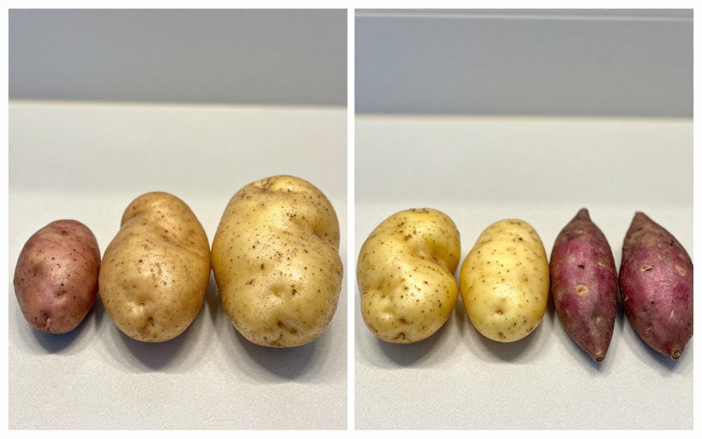 Small, medium and large russets beside Yukon Golds and sweet potatoes, showing how potato weight changes by size