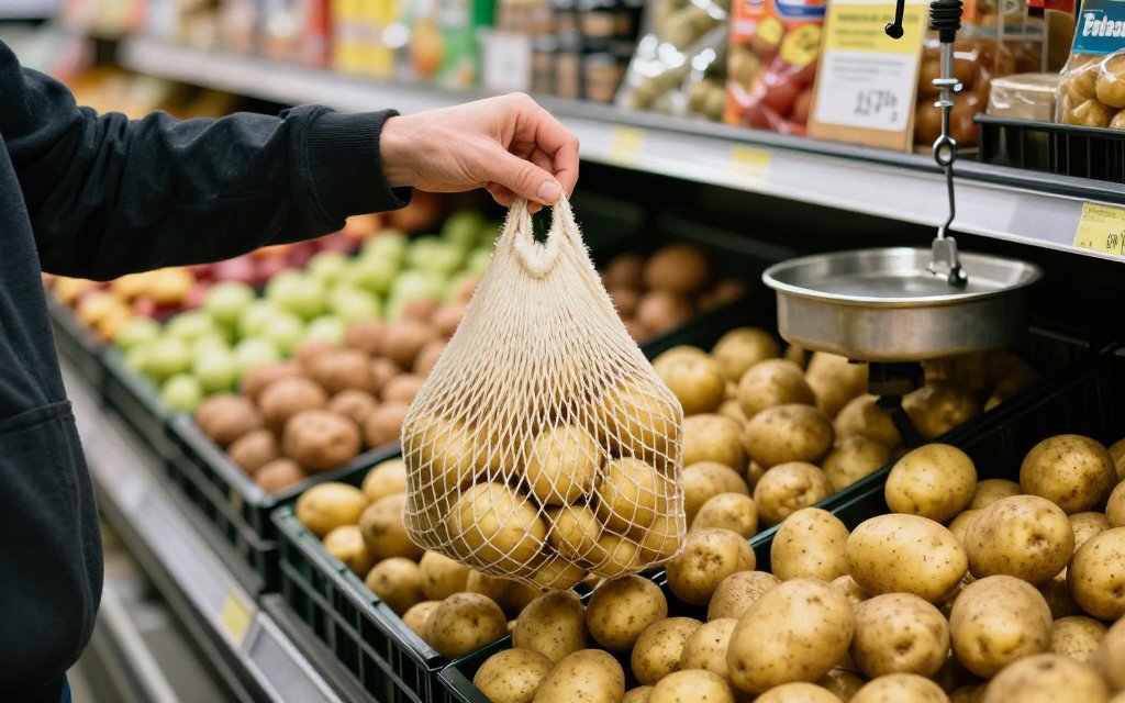 Shopper picking up a bag of russet potatoes, the main cost behind Thanksgiving mashed potatoes for a crowd