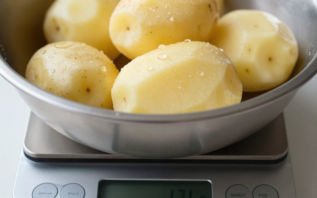 Peeled potato chunks in a bowl on a kitchen scale, weighing portions for Thanksgiving mashed potatoes