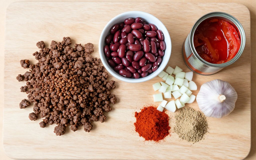Top-down view of the ingredients that set the calories in a bowl of chili, including lean beef and kidney beans