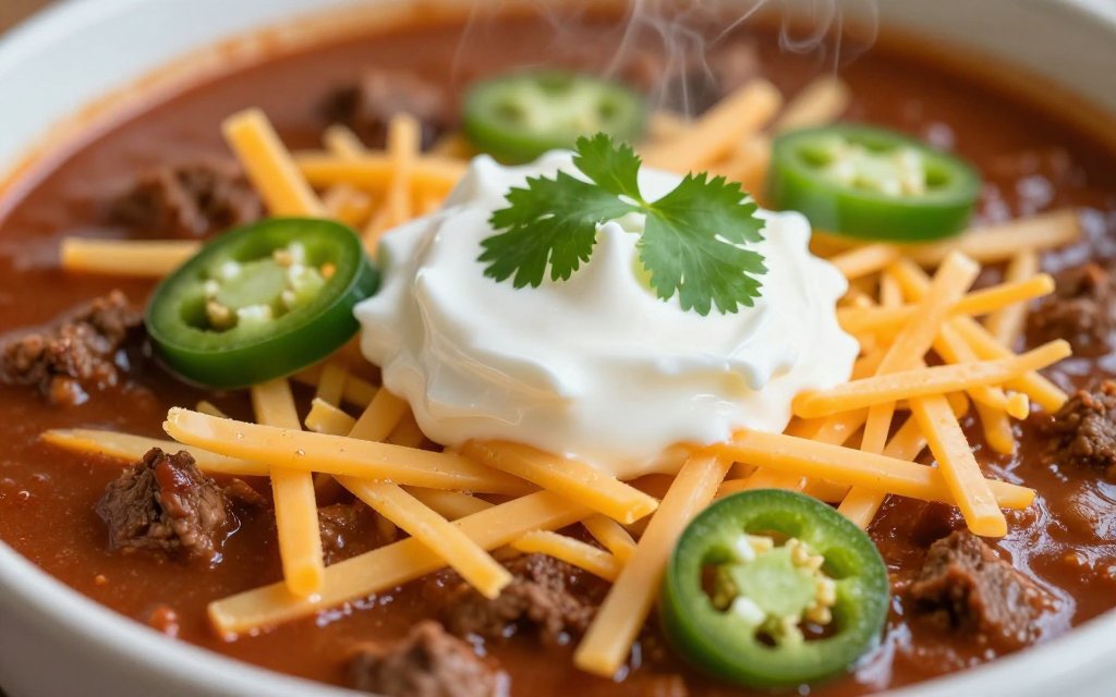 Close-up of cheddar and sour cream on a bowl of chili, the toppings that add the most calories
