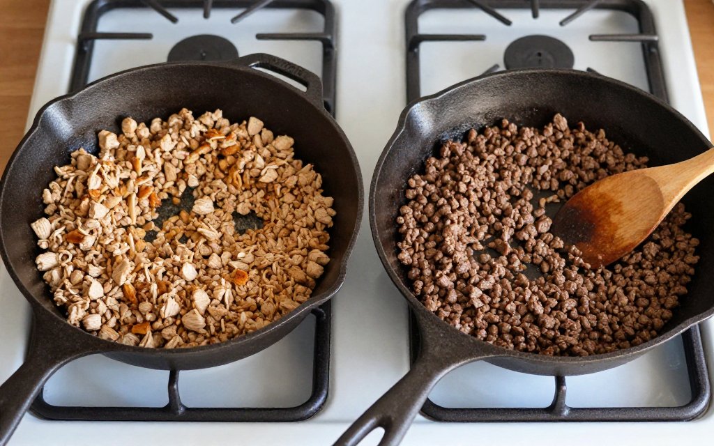 Browned ground turkey and lean beef side by side, comparing turkey chili calories with a beef bowl of chili