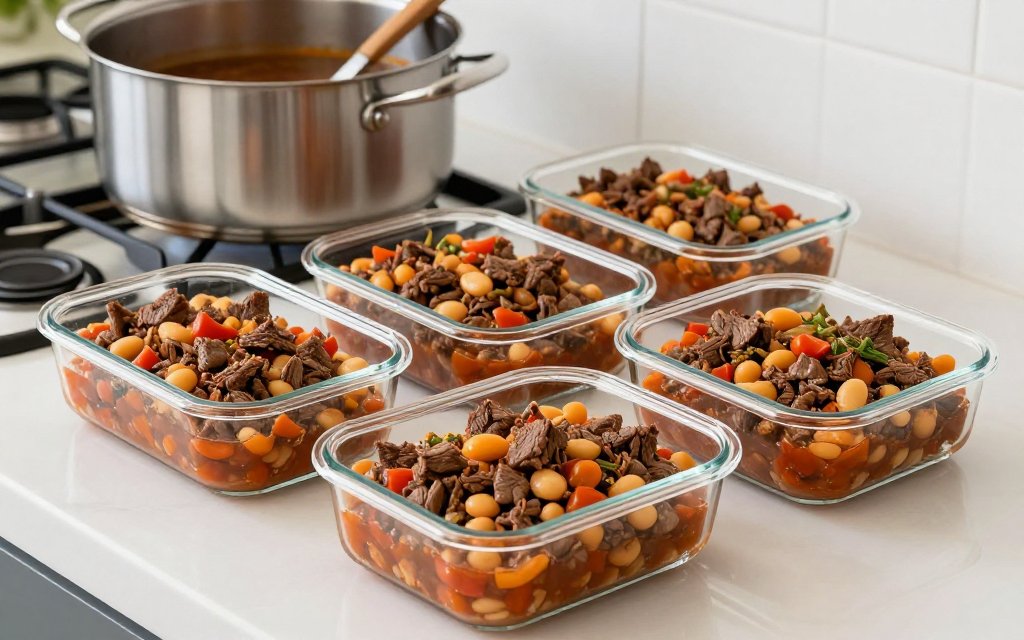Six meal prep containers of high protein chili portioned from one pot, each an equal bowl of chili