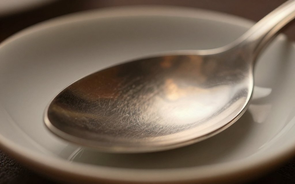 Macro view of a polished sterling silver spoon, the kind of piece valued by silver price per gram