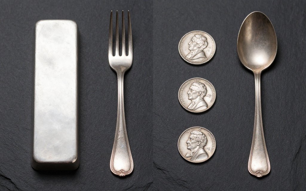 Fine silver bar, sterling fork, old dimes and a plated spoon compared for sterling silver price per gram