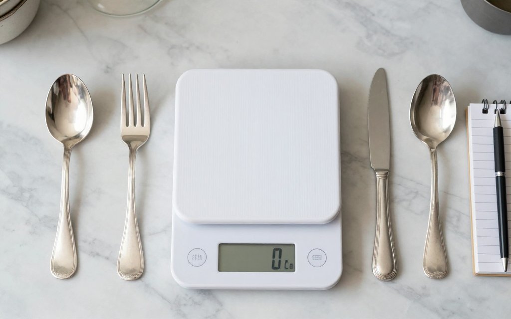 Top-down view of sterling flatware on a kitchen scale to work out silver melt value at home