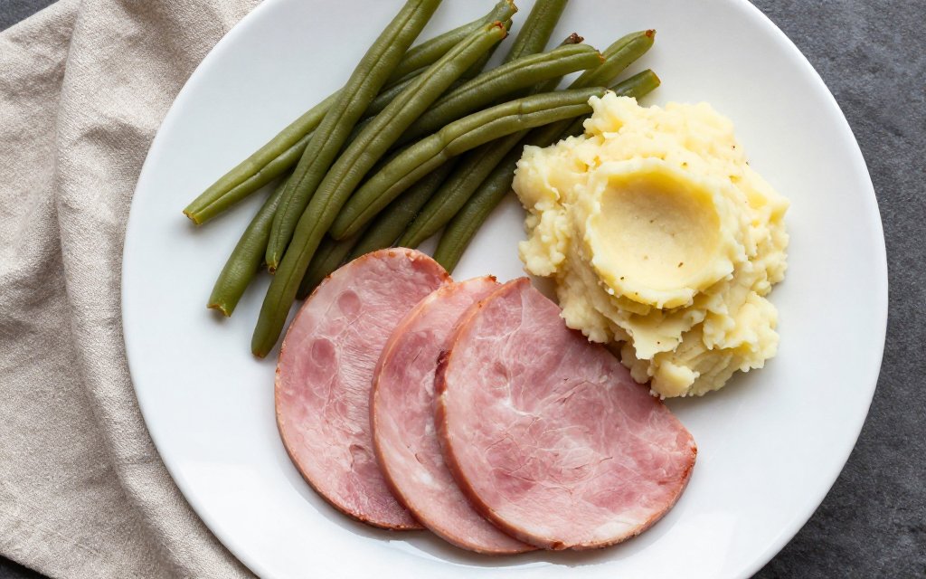 Top-down view of one plated portion of sliced ham, illustrating how much ham per person a guest eats