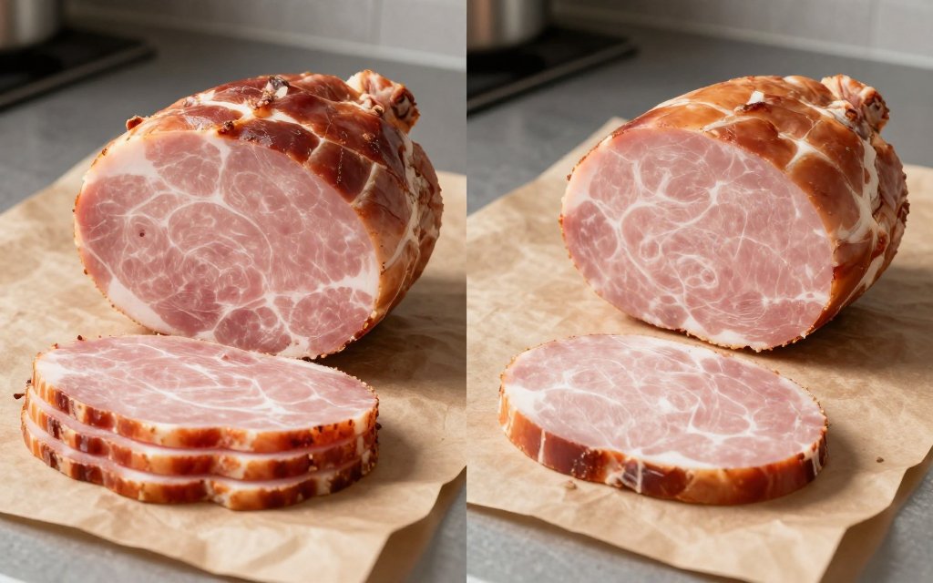 Bone-in spiral ham next to a boneless ham on butcher paper, comparing cost and how much ham per person each serves