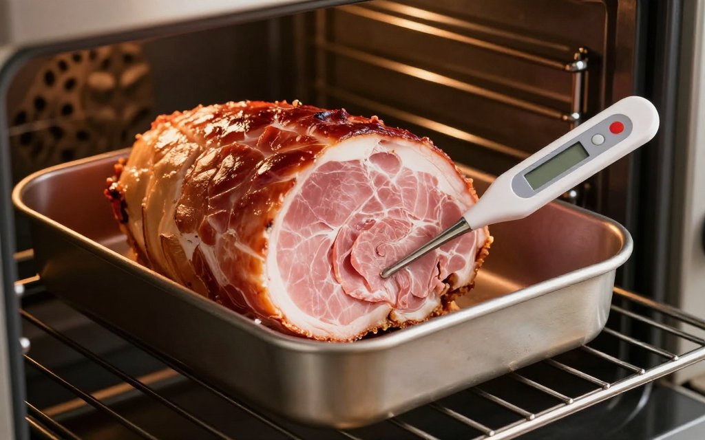 Spiral ham reheating in an oven with a probe thermometer, checking spiral ham cooking time and how much ham per person is ready
