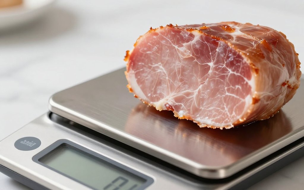 Leftover half ham on a digital kitchen scale, weighed before reheating to plan how much ham per person remains