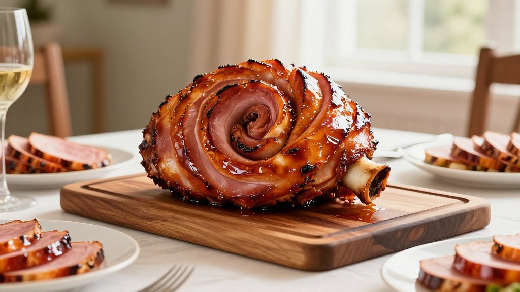 Glazed bone-in spiral ham on a carving board with sliced portions, showing how much ham per person to serve at a holiday dinner