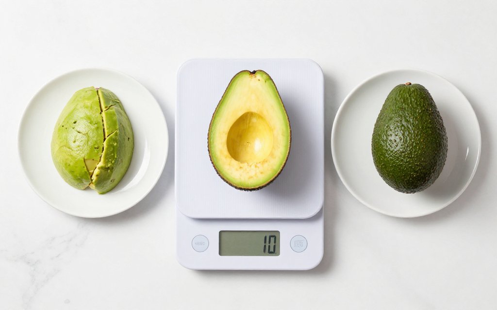 Three avocado portions on a kitchen scale and plates comparing calories in an avocado by weight