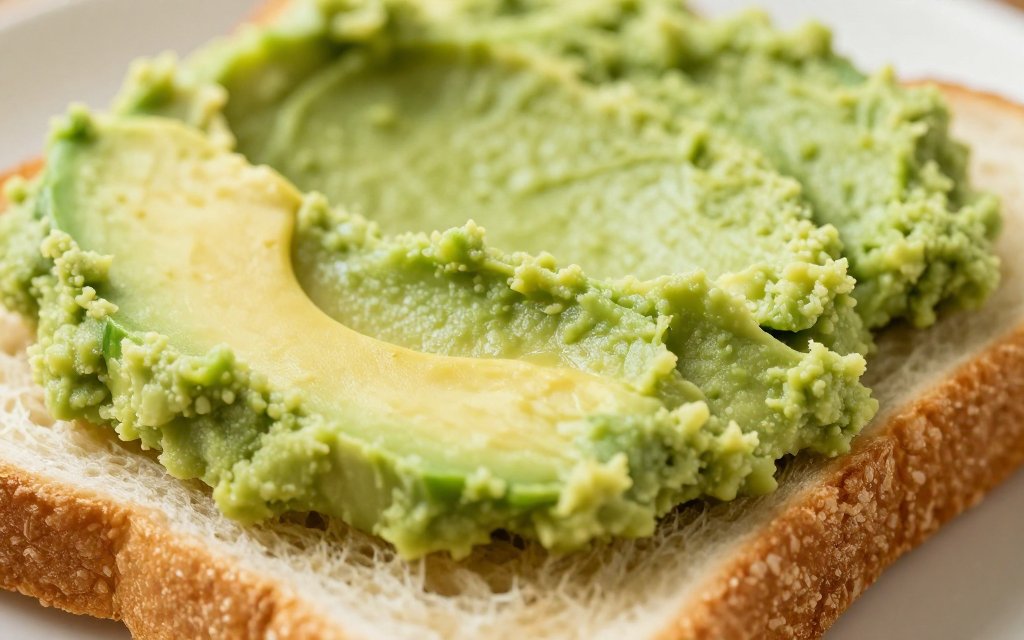 Thin and thick layers of mashed avocado on toast showing calories in half an avocado