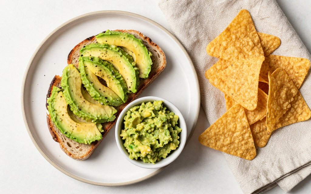 Avocado toast and a bowl of guacamole on a brunch table, comparing calories in an avocado dish