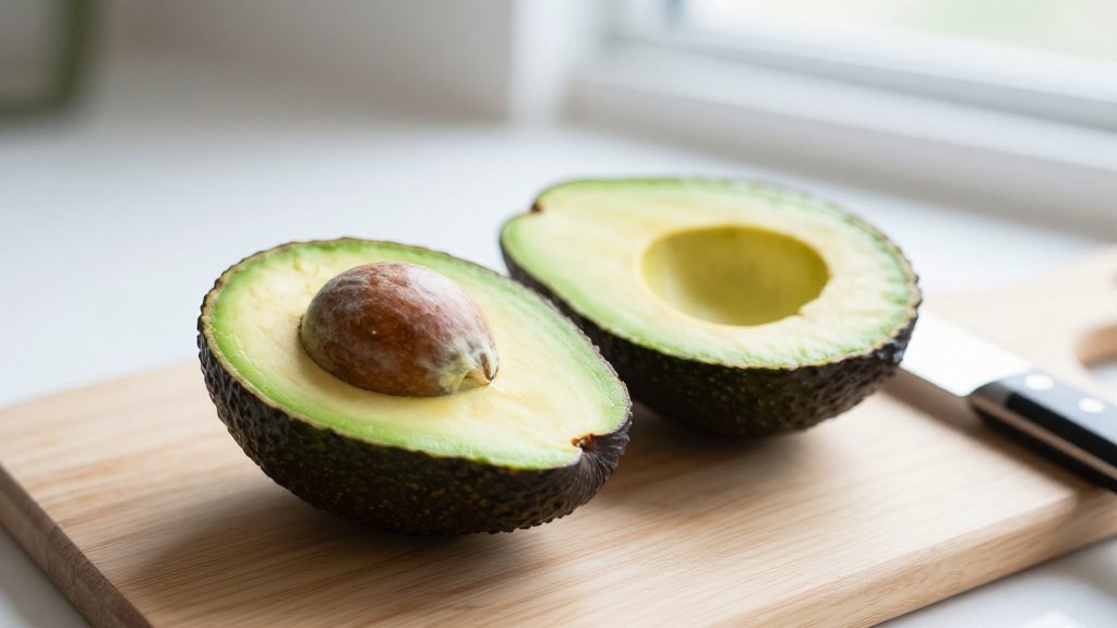 A Hass avocado sliced in half on a wooden board, showing how calories in an avocado split between two halves