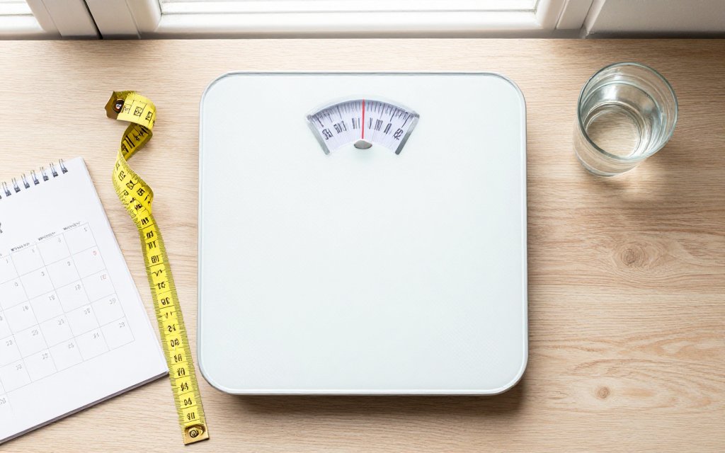 Flat lay of a scale, tape measure and calendar showing weight tracking over a retatrutide dosage schedule