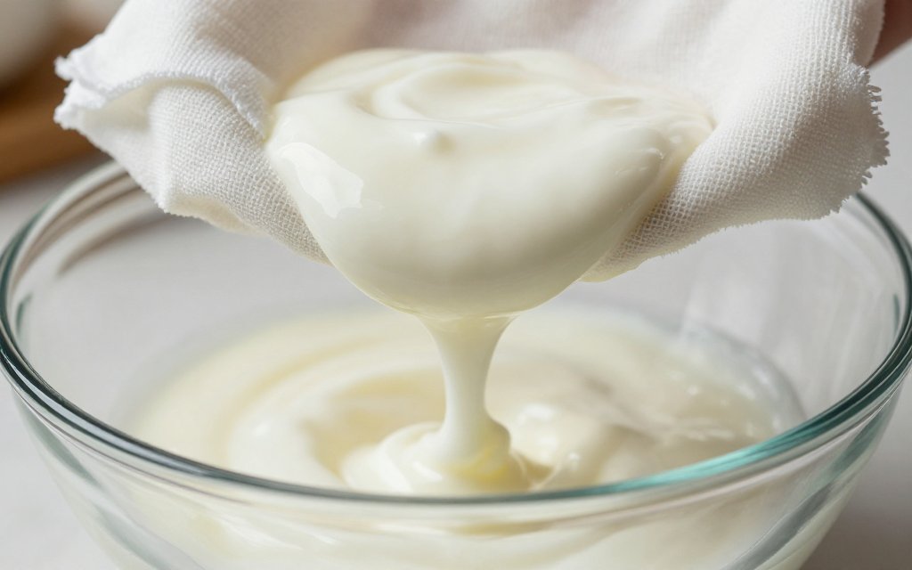 Yogurt straining through cheesecloth with whey dripping out, the step that makes Greek yogurt thicker and higher in protein