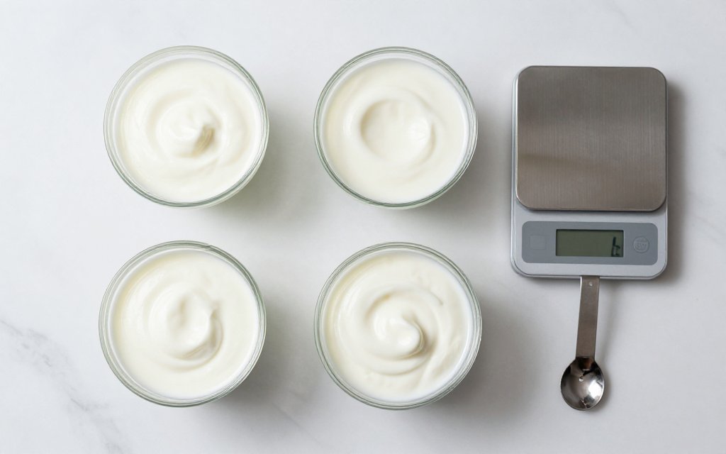 Four bowls of plain nonfat and whole milk Greek yogurt and regular yogurt laid out top-down for a calories and protein comparison