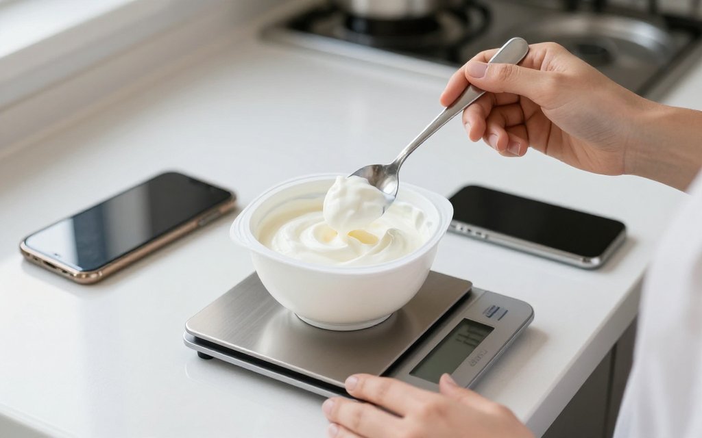 Person weighing a single-serve container of high protein Greek yogurt on a kitchen scale to log protein and calories