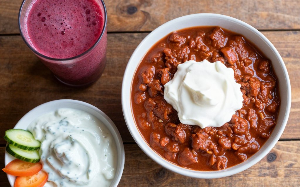 Nonfat Greek yogurt used three ways, as a chili topping, in a berry smoothie and as a cucumber dip with vegetables