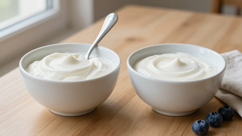 Thick Greek yogurt next to runnier regular yogurt in two white bowls, showing the Greek yogurt vs regular yogurt texture difference