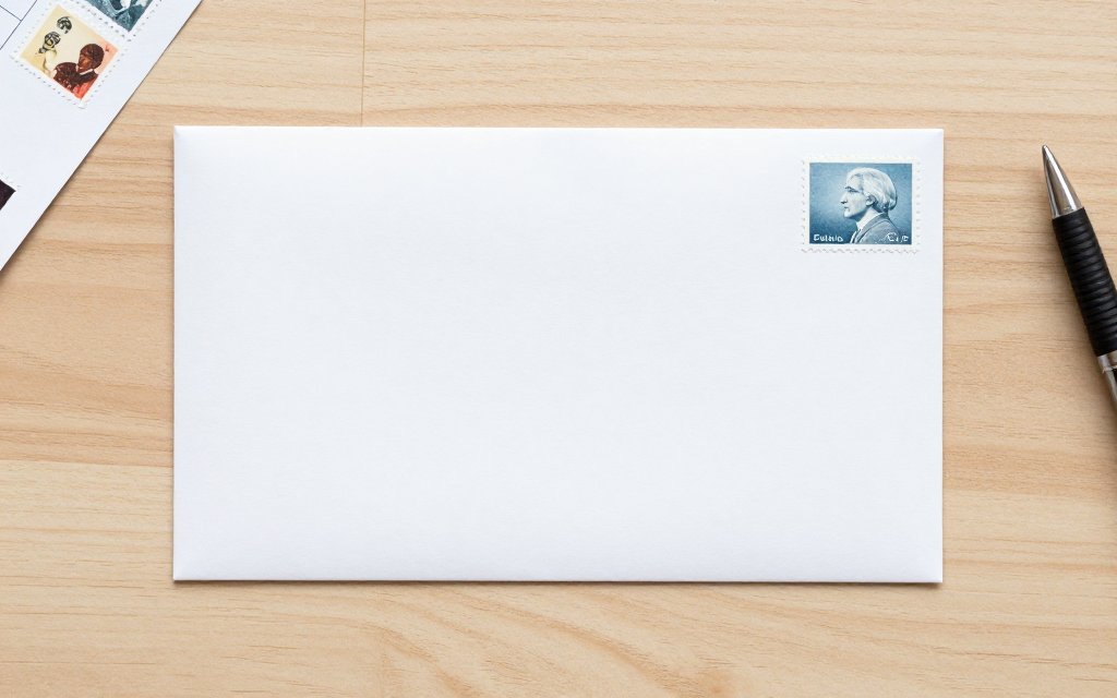 White letter envelope with one postage stamp, the answer to how many stamps do I need for a 1 ounce letter