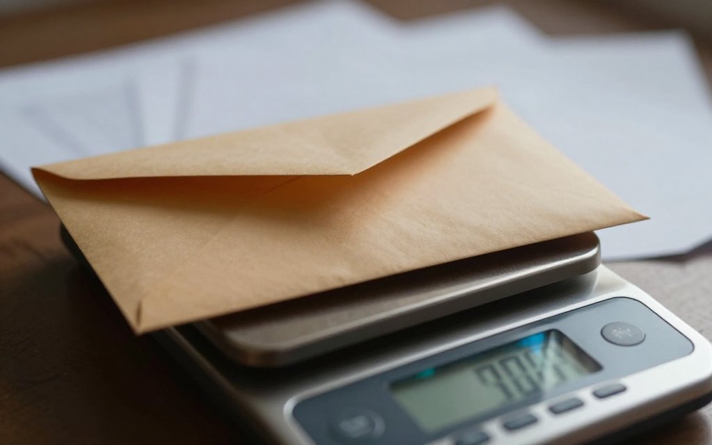 Folded letter on a digital kitchen scale, checking letter weight to decide how many stamps do I need