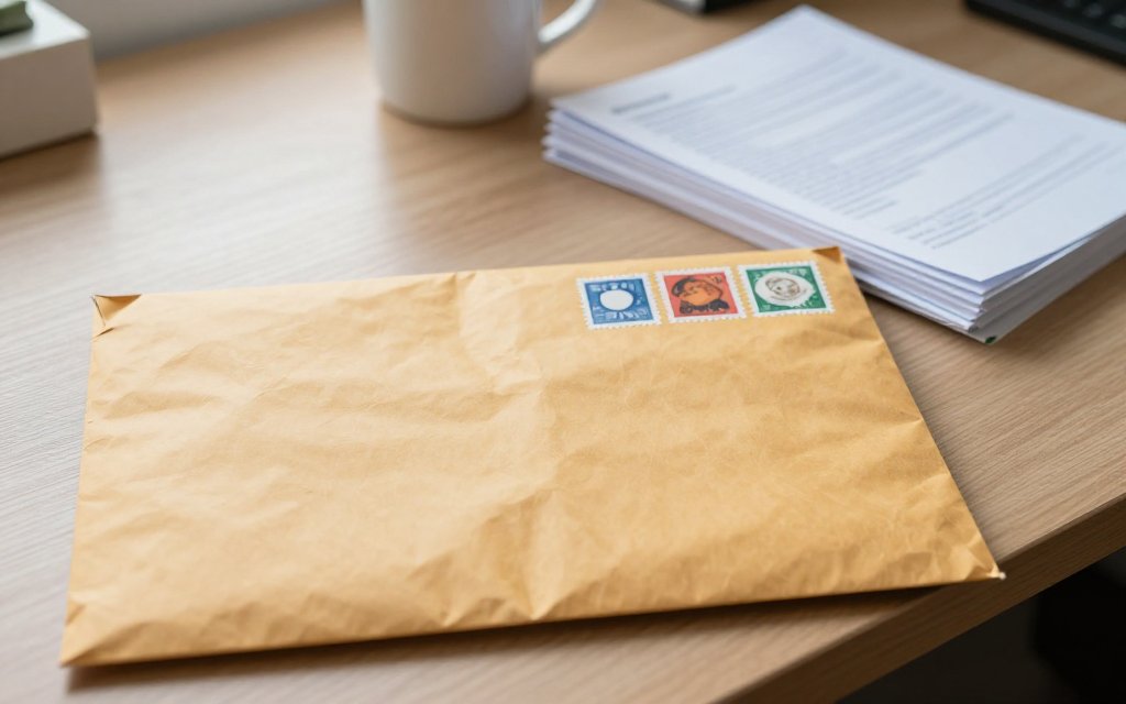 Large manila envelope with three stamps on a desk, showing how many stamps do I need for a flat