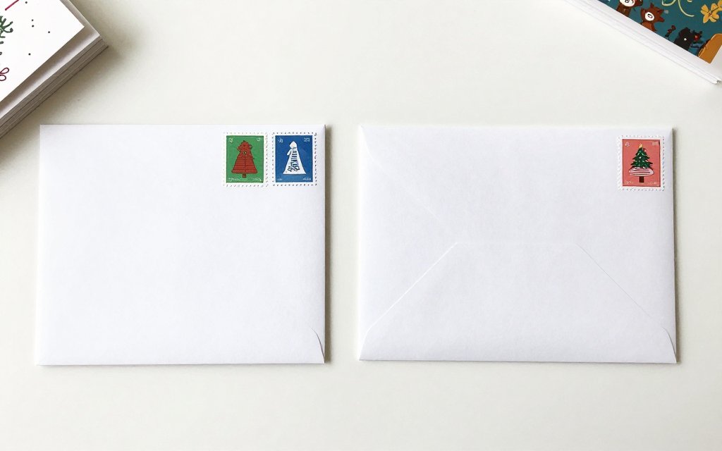 Square card envelope with two stamps next to a rectangular one with one, comparing how many stamps do I need