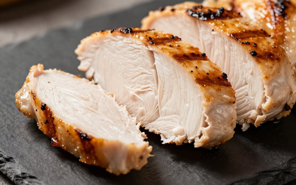 Close-up of sliced chicken breast next to a seared thigh, showing the leaner white meat and juicier dark meat