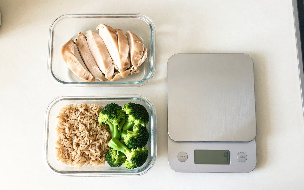 Top-down view of meal prep boxes with chicken breast and chicken thighs, rice and broccoli for protein tracking