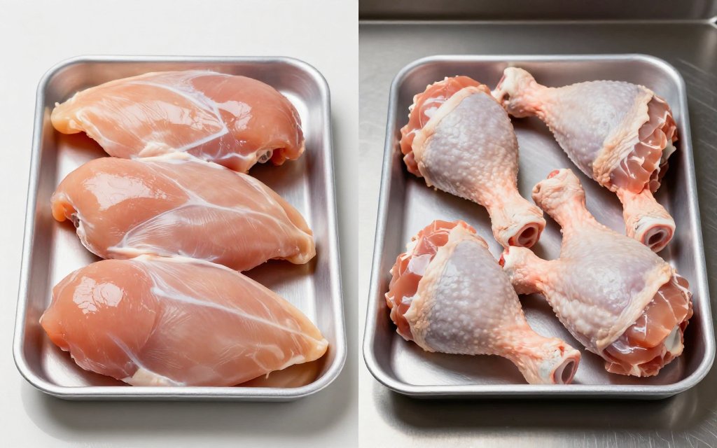 Raw boneless chicken breasts next to bone-in chicken legs, comparing price per pound at the grocery store