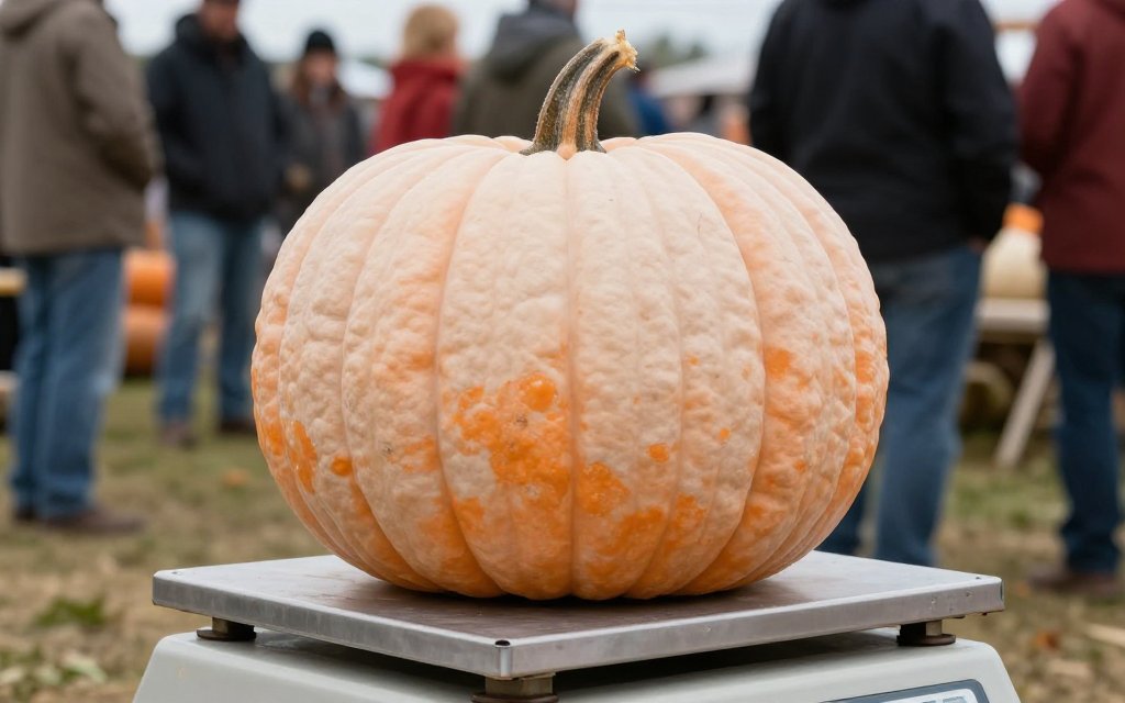 A world record pumpkin contender resting on an industrial platform scale at an autumn weigh-off