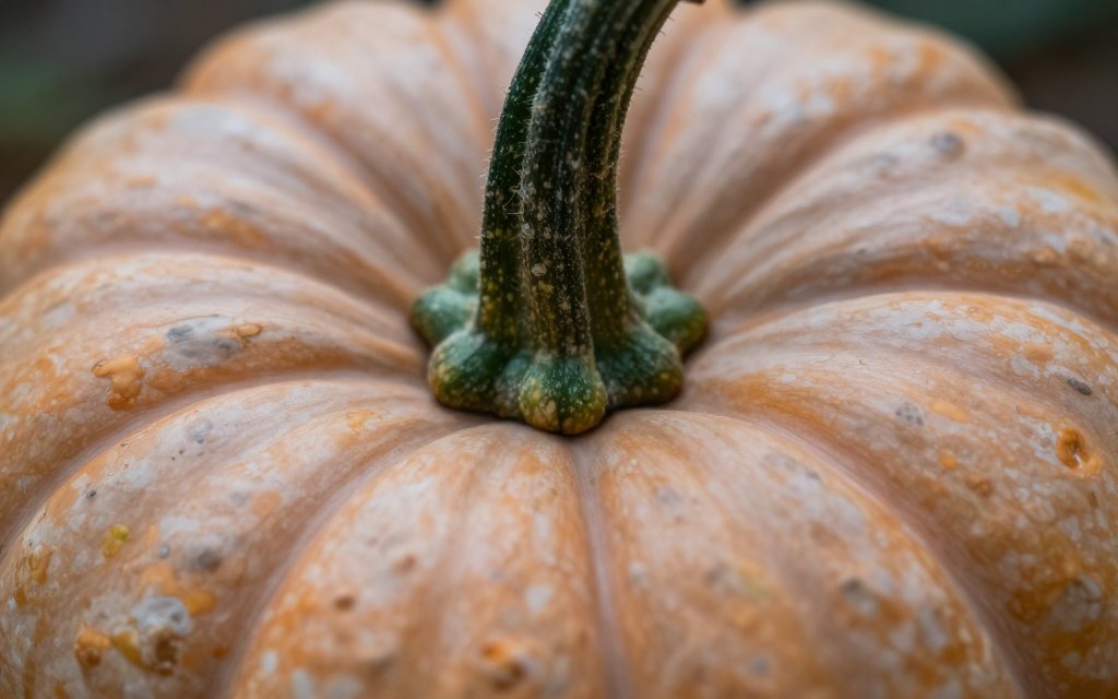 Macro view of the stem and ribbed skin of an Atlantic Giant, the variety behind every heaviest pumpkin record