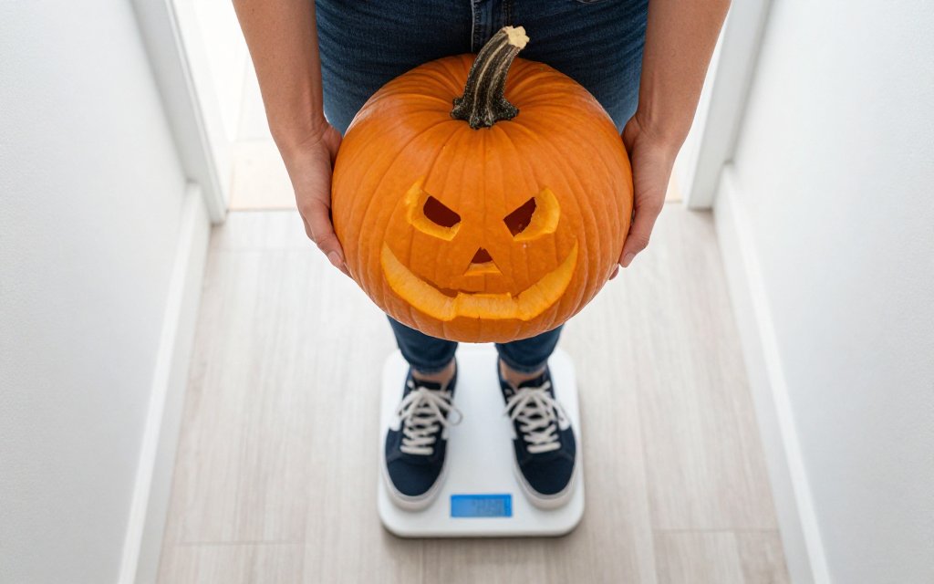 A person holding a carving pumpkin on a bathroom scale to find its pumpkin weight at home