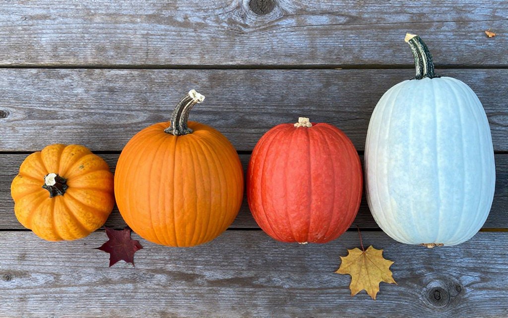 Top-down comparison of pie, carving and heirloom pumpkins that carry different pumpkin prices at the patch