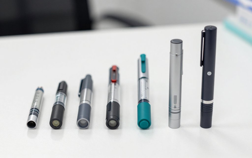 Six unbranded injection pens in a row, representing each step of the Wegovy dosing chart up to the Wegovy HD dose