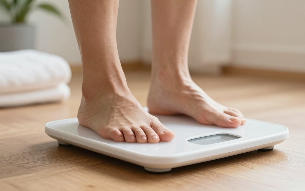 Person stepping onto a bathroom scale in morning light, a reminder that Wegovy HD results were measured over 72 weeks