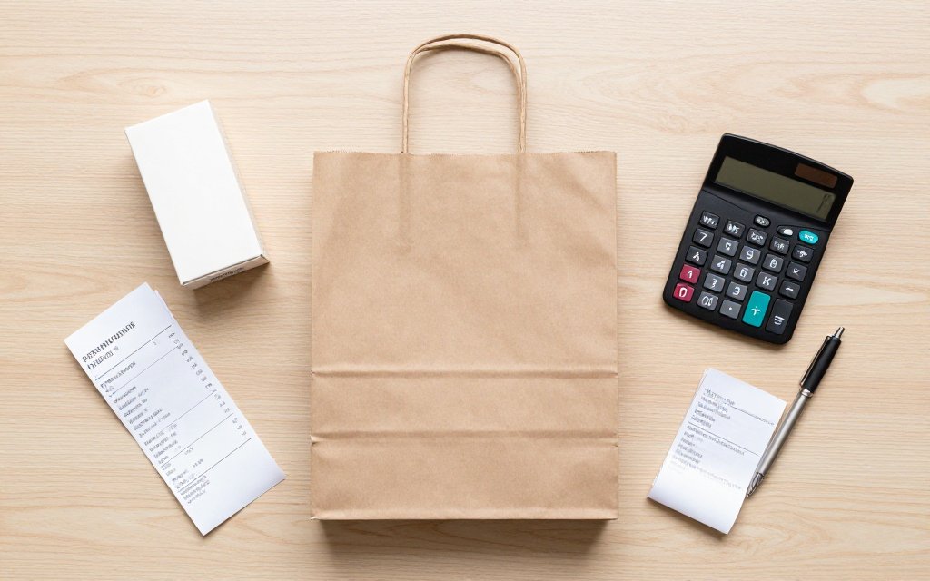 Flat lay of a pharmacy bag, calculator and receipts used to compare the monthly cost of Wegovy HD and 2.4 mg