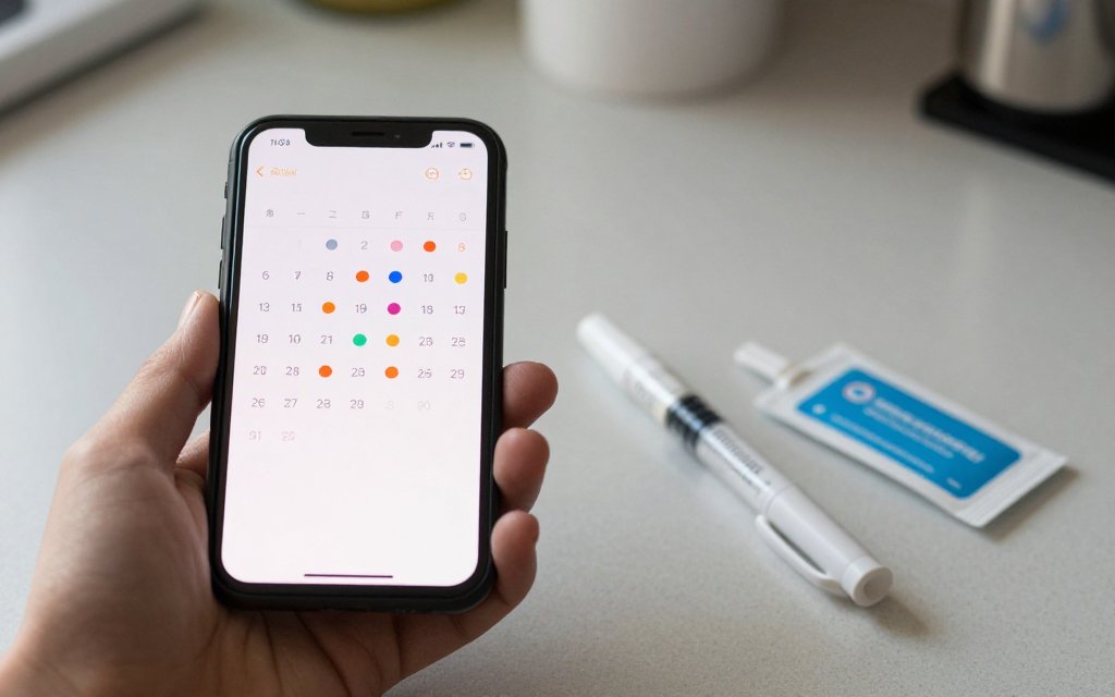 Smartphone dose log beside an injection pen, used to record each weekly Wegovy HD injection and any side effects