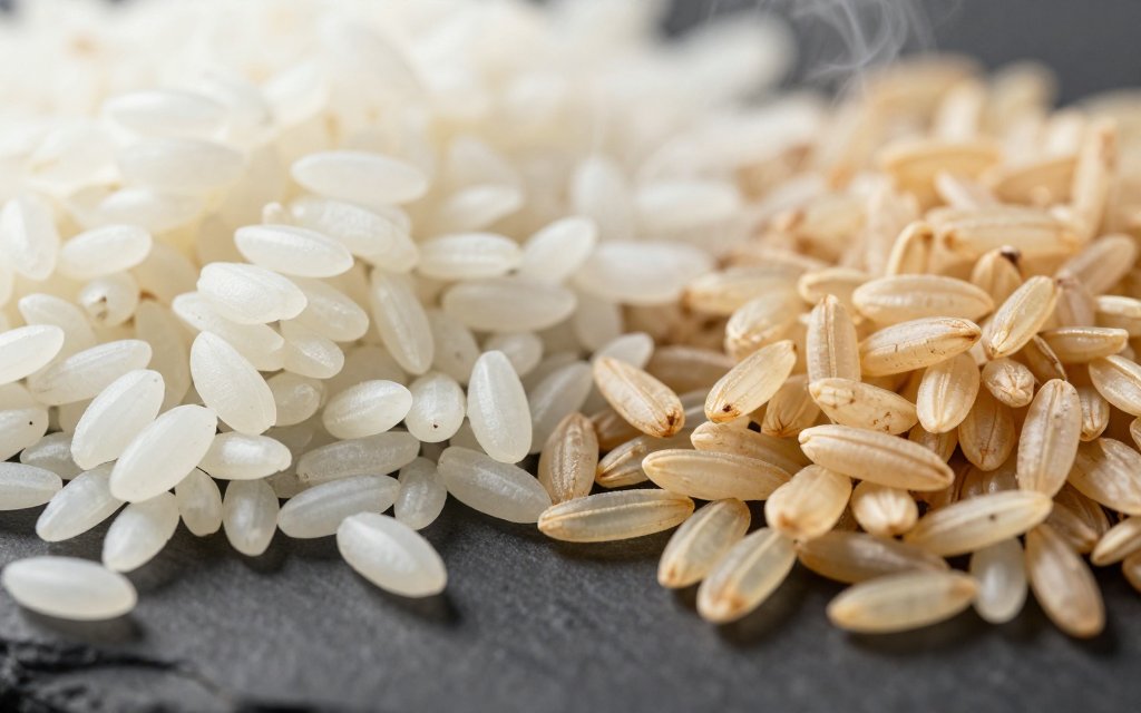 Macro view of cooked white and brown rice grains, a reminder that calories in a cup of rice differ only slightly by type