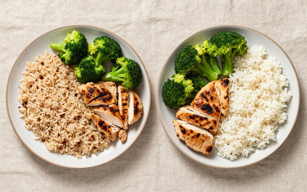Top-down comparison of plates with brown rice vs white rice, chicken and broccoli for a weight loss dinner