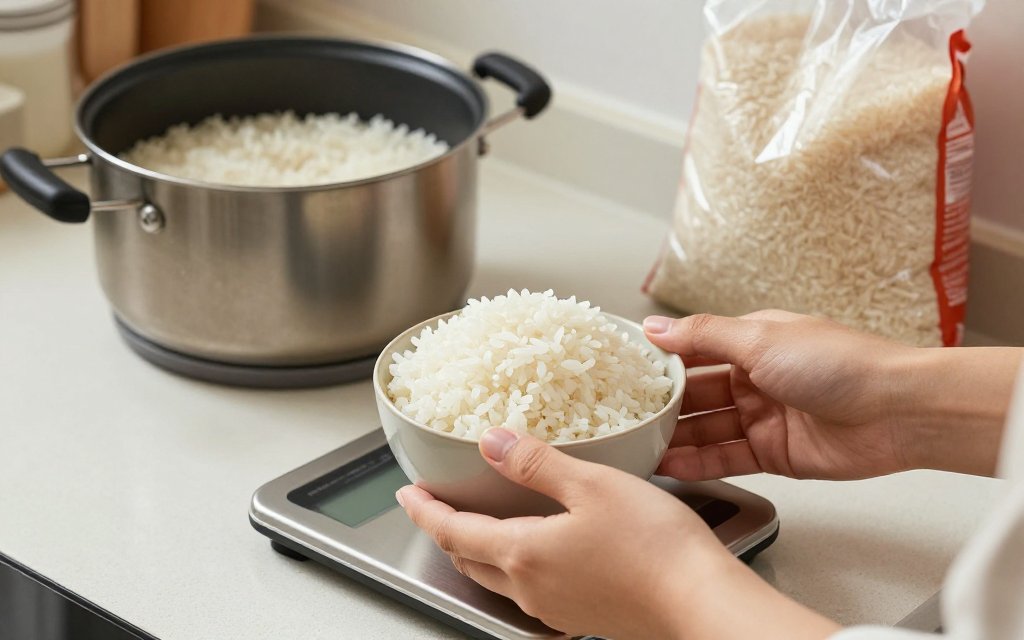 Hands weighing cooked rice on a kitchen scale at home to get rice portion size right for calorie tracking