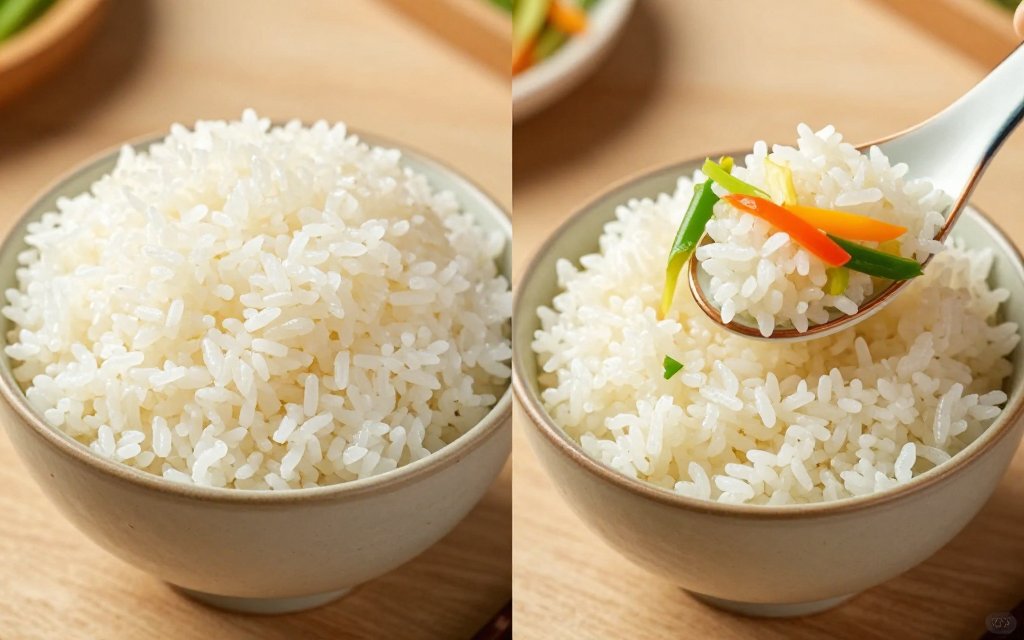 Large bowl of rice beside a smaller rice and vegetable bowl, showing how a smaller rice portion size saves calories